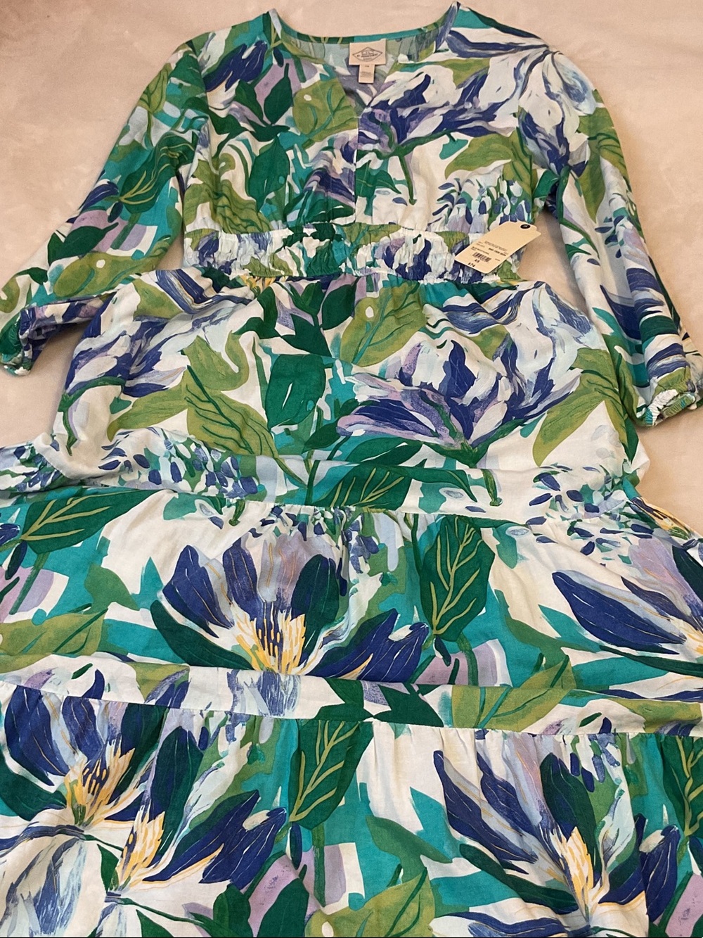 St. John's Bay Green and Blue Floral Long Sleeve Tiered Dress